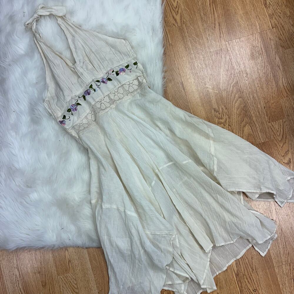 Vintage 1960s Handmade Embroidered Gauze Halter Maxi Dress Hippie Folk